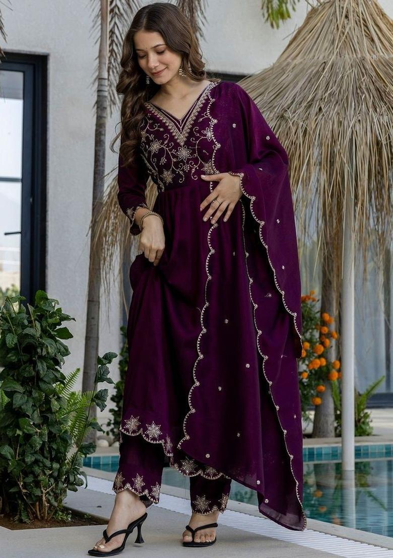 Purple Embroidered Georgette Kurta Set - Indya