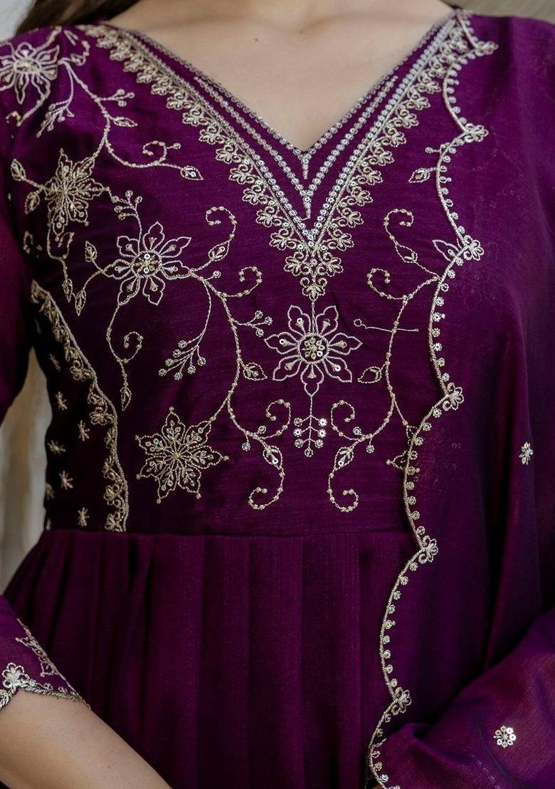 Purple Embroidered Georgette Kurta Set - Indya