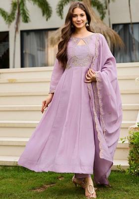 Lavender Embroidered Silk Kurta Set
