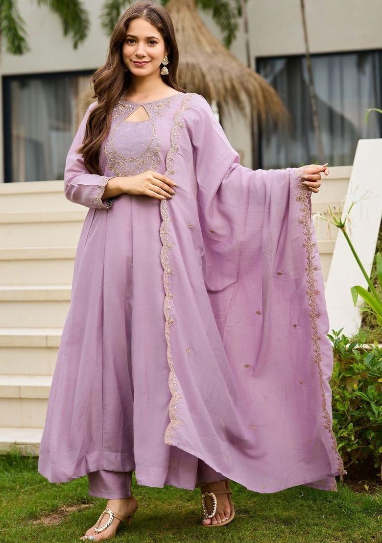 Lavender Embroidered Silk Kurta Set - Indya