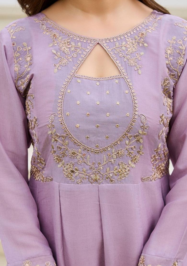 Lavender Embroidered Silk Kurta Set - Indya
