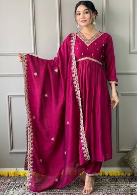 Magenta Embroidered Silk Kurta Set