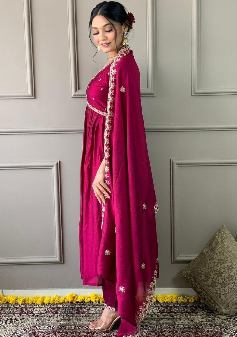 Magenta Embroidered Silk Kurta Set - Indya