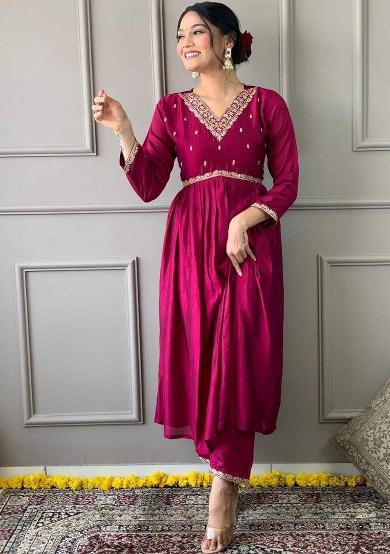 Magenta Embroidered Silk Kurta Set - Indya