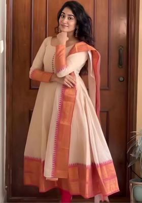 Cream Solid Silk Kurta Set