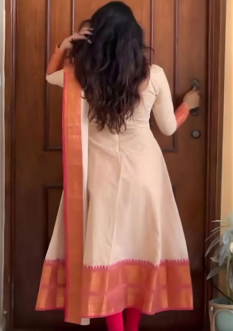 Cream Solid Silk Kurta Set - Indya