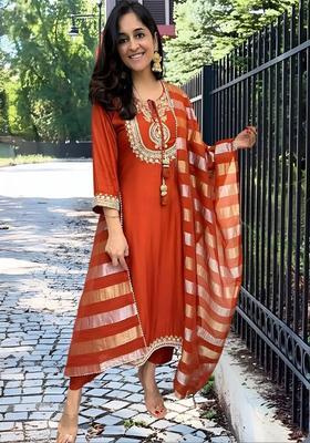 Rust Embroidered Silk Kurta Set