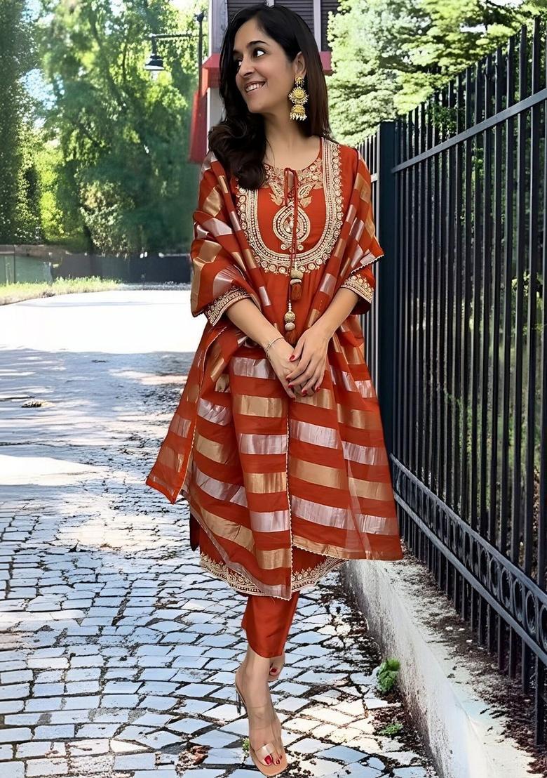 Rust Embroidered Silk Kurta Set - Indya