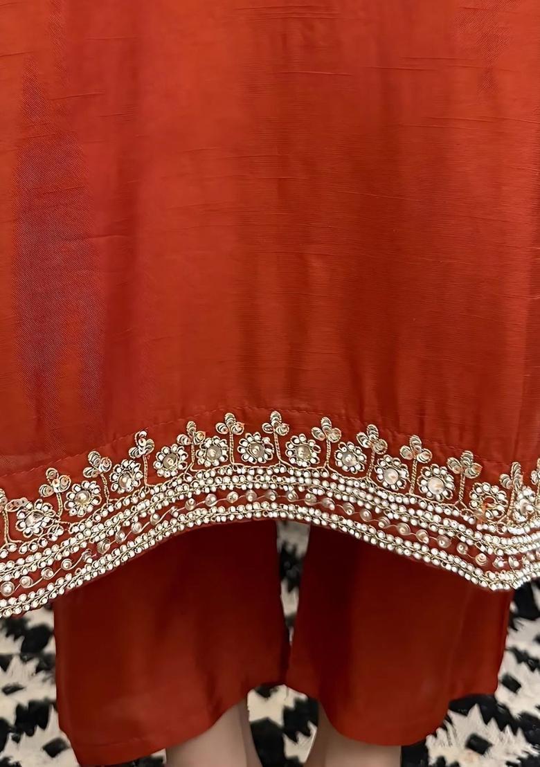 Rust Embroidered Silk Kurta Set - Indya