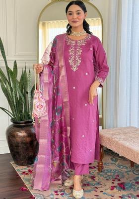 Purple Embroidered Viscose Kurta Set