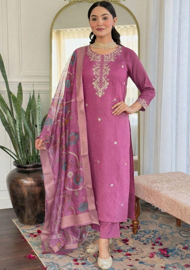 Purple Embroidered Viscose Kurta Set - Indya