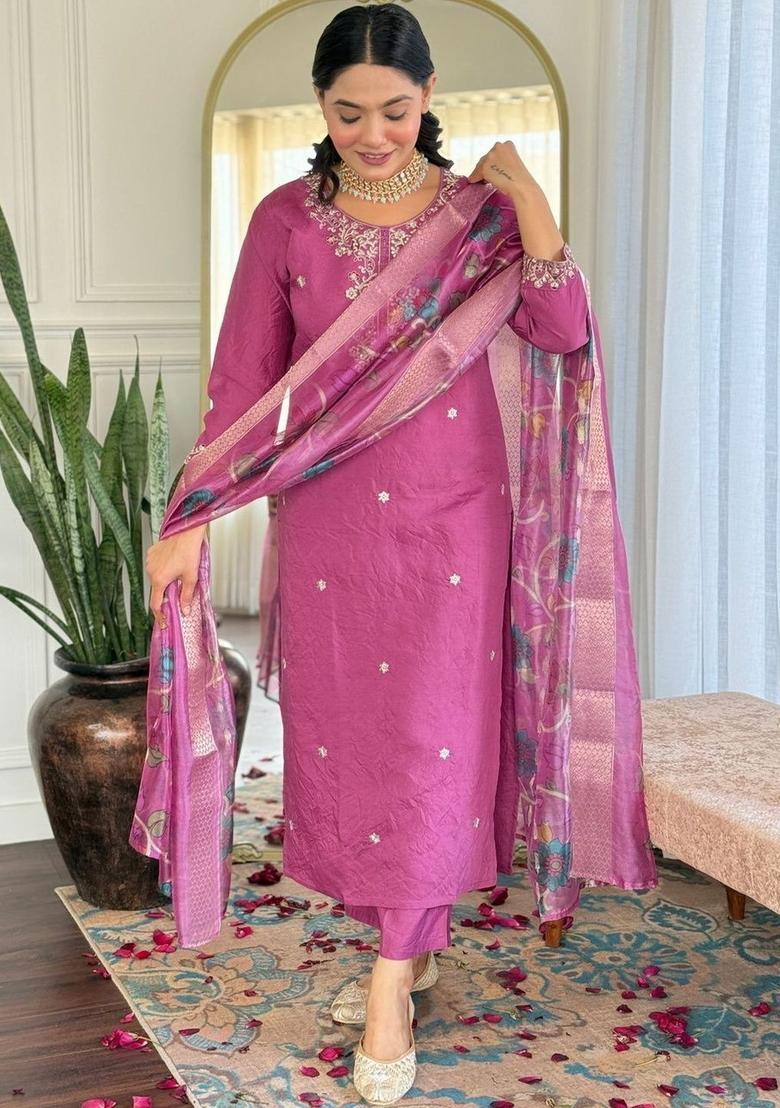 Purple Embroidered Viscose Kurta Set - Indya