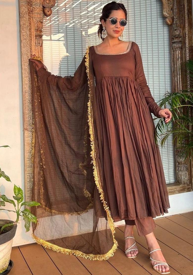 Brown Solid Silk Anarkali Set - Indya