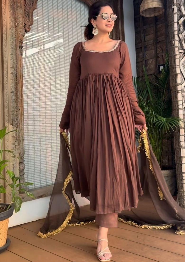 Brown Solid Silk Anarkali Set - Indya