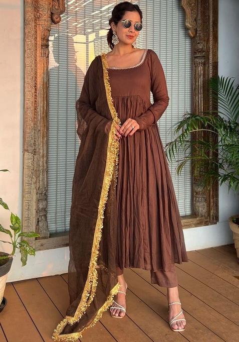Brown Solid Silk Anarkali Set — view on Indya