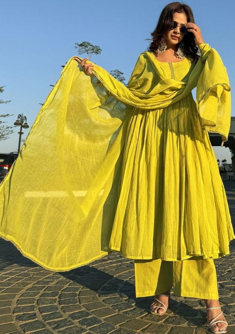 Lime Green Solid Silk Kurta Set - Indya