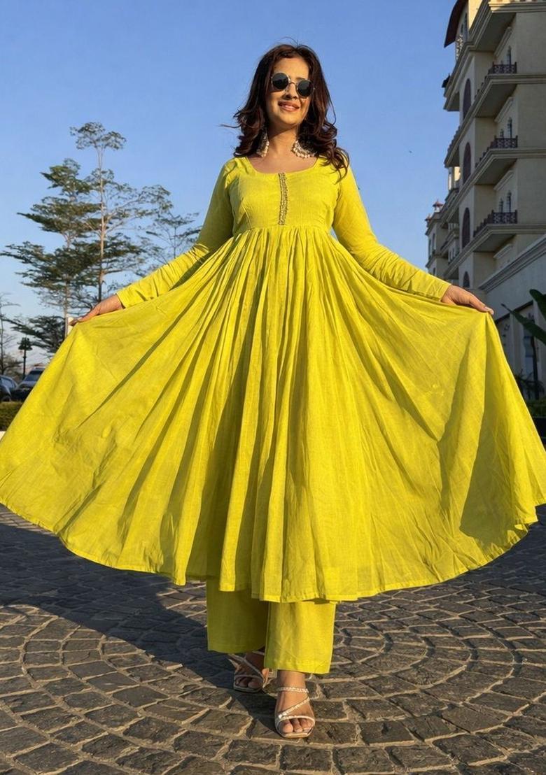 Lime Green Solid Silk Kurta Set - Indya