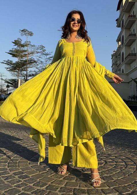 Lime Green Solid Silk Kurta Set — view on Indya