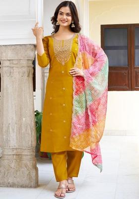 Yellow Embroidered Viscose Kurta Set
