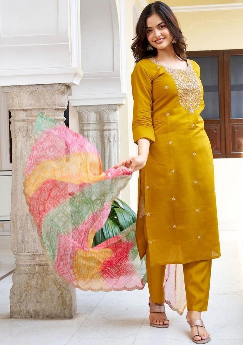 Yellow Embroidered Viscose Kurta Set - Indya