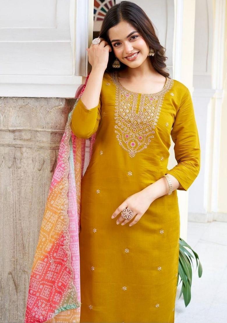 Yellow Embroidered Viscose Kurta Set - Indya