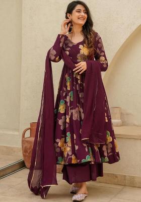 Purple Printed Viscose Anarkali Set