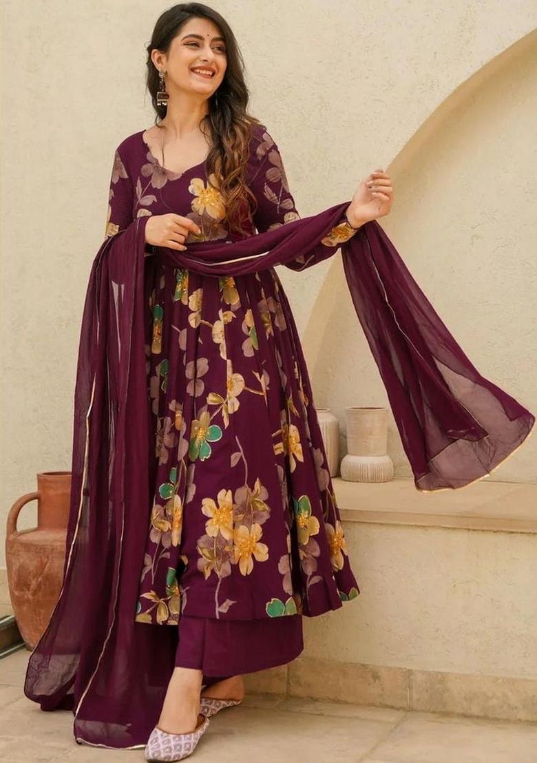 Purple Printed Viscose Anarkali Set - Indya