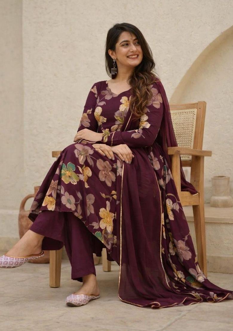 Purple Printed Viscose Anarkali Set - Indya