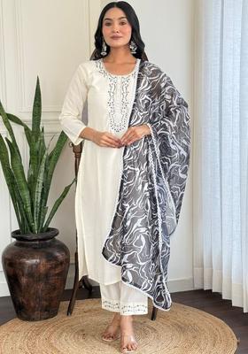 Off White Embroidered Viscose Kurta Set