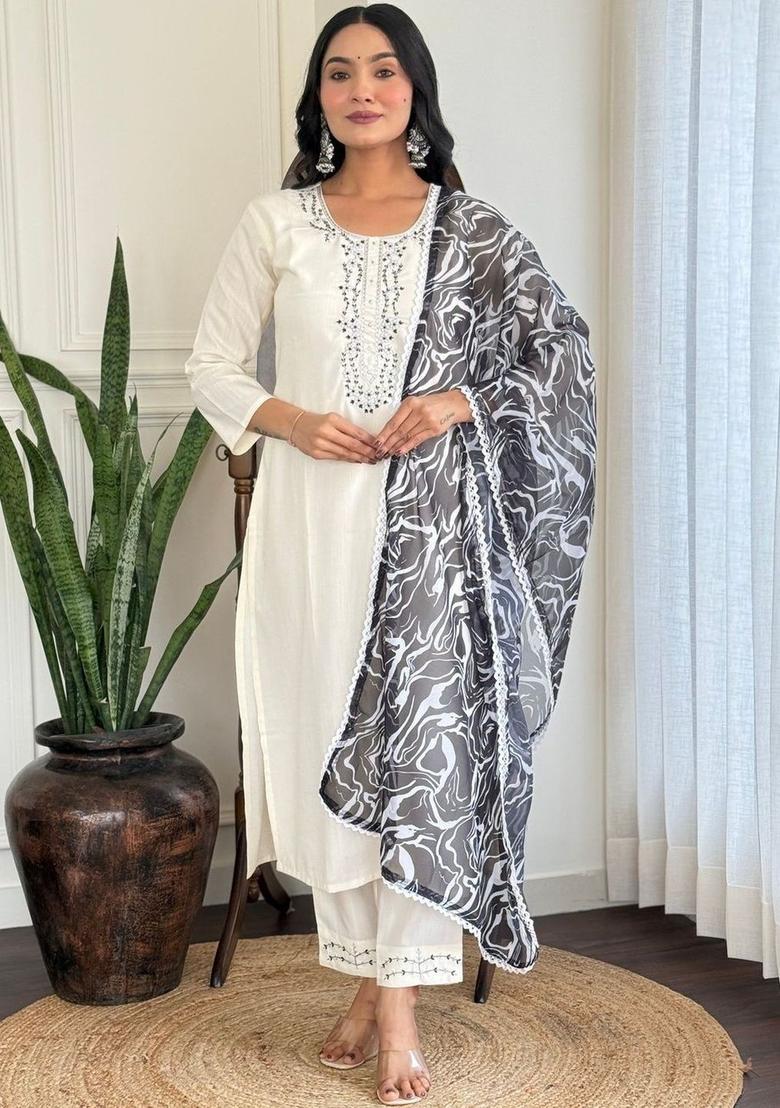 Off White Embroidered Viscose Kurta Set - Indya