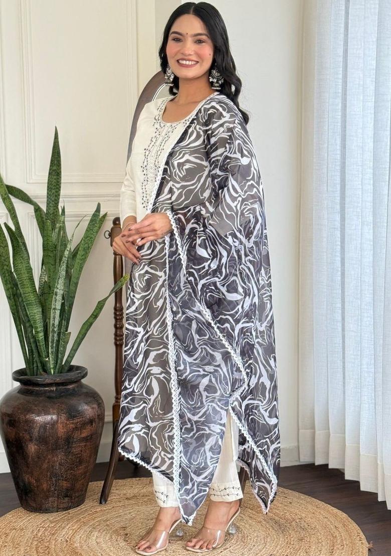 Off White Embroidered Viscose Kurta Set - Indya