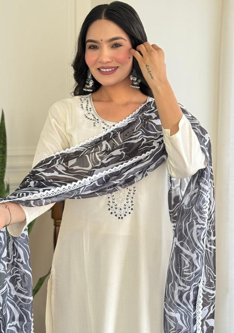 Off White Embroidered Viscose Kurta Set - Indya