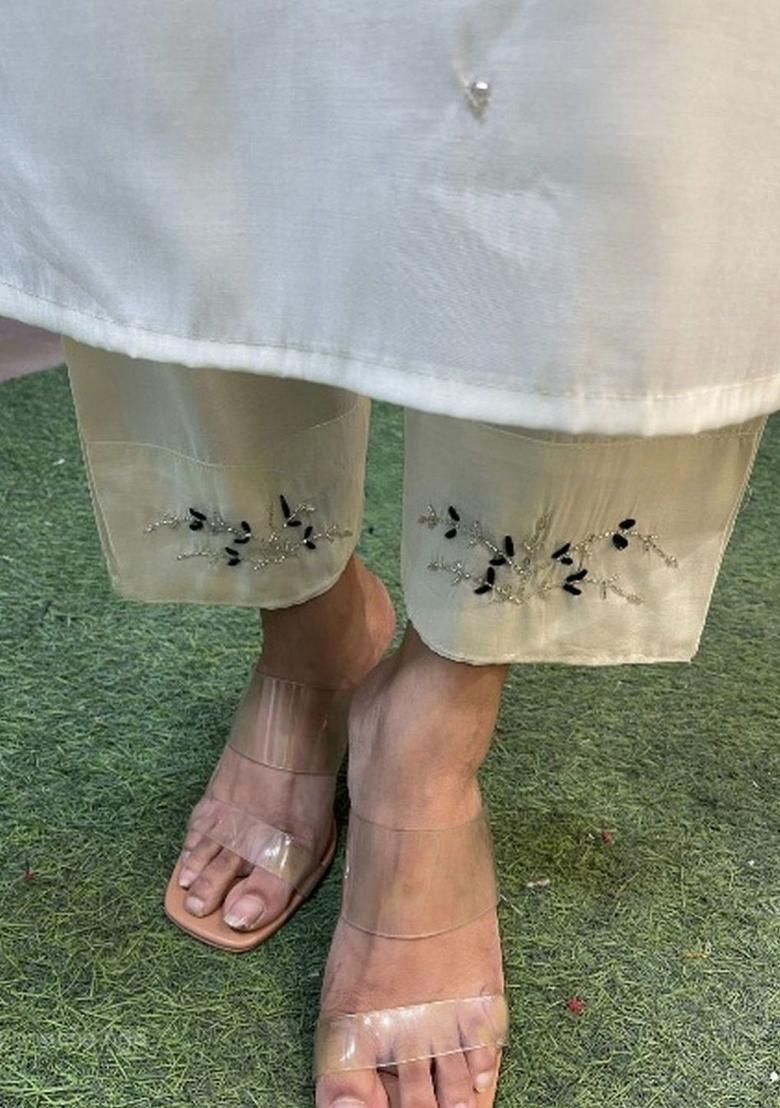 Off White Embroidered Viscose Kurta Set - Indya