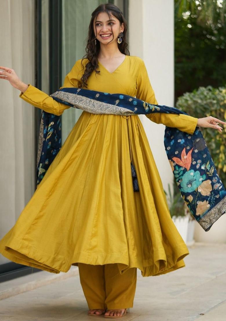 Yellow Self Design Viscose Kurta Set - Indya
