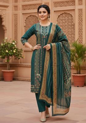 Teal Self Design Silk Kurta Set