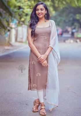 Brown Self Design Viscose Kurta Set