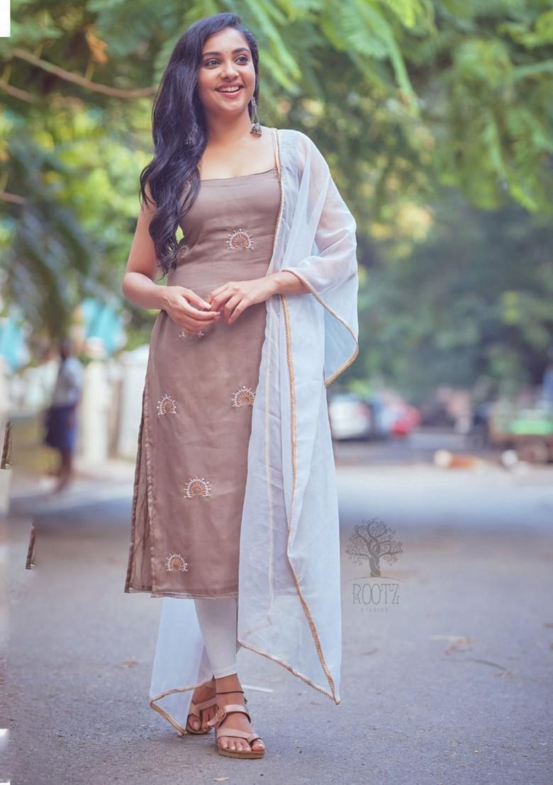 Brown Self Design Viscose Kurta Set - Indya