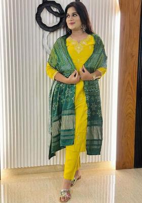 Lime Green Embroidered Silk Kurta Set