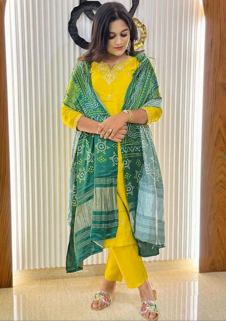 Lime Green Embroidered Silk Kurta Set - Indya