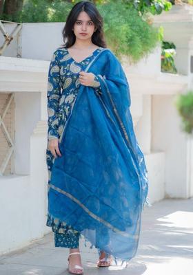 Teal Printed Viscose Kurta Set