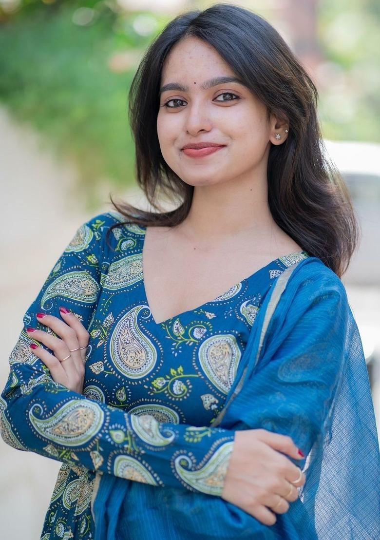 Teal Printed Viscose Kurta Set - Indya