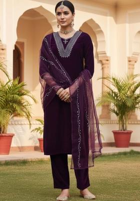 Brown Embroidered Velvet Kurta Set