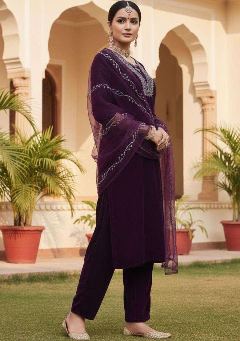 Brown Embroidered Velvet Kurta Set - Indya