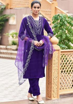 Purple Embroidered Velvet Kurta Set