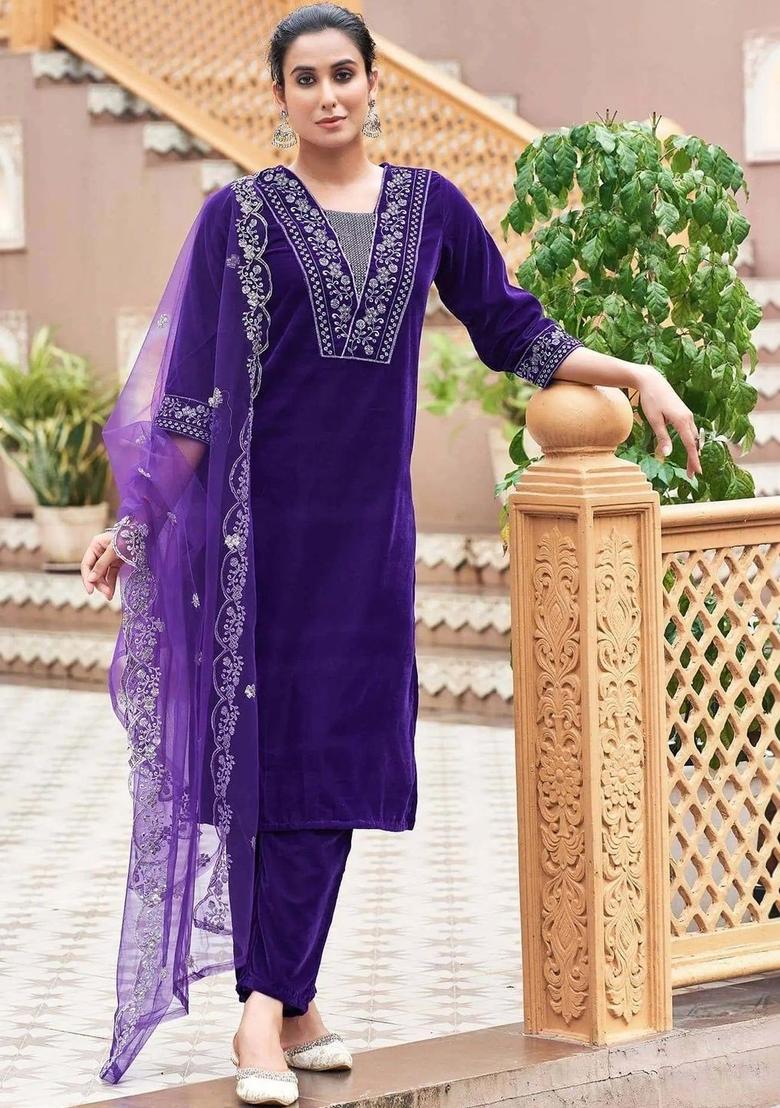 Purple Embroidered Velvet Kurta Set - Indya