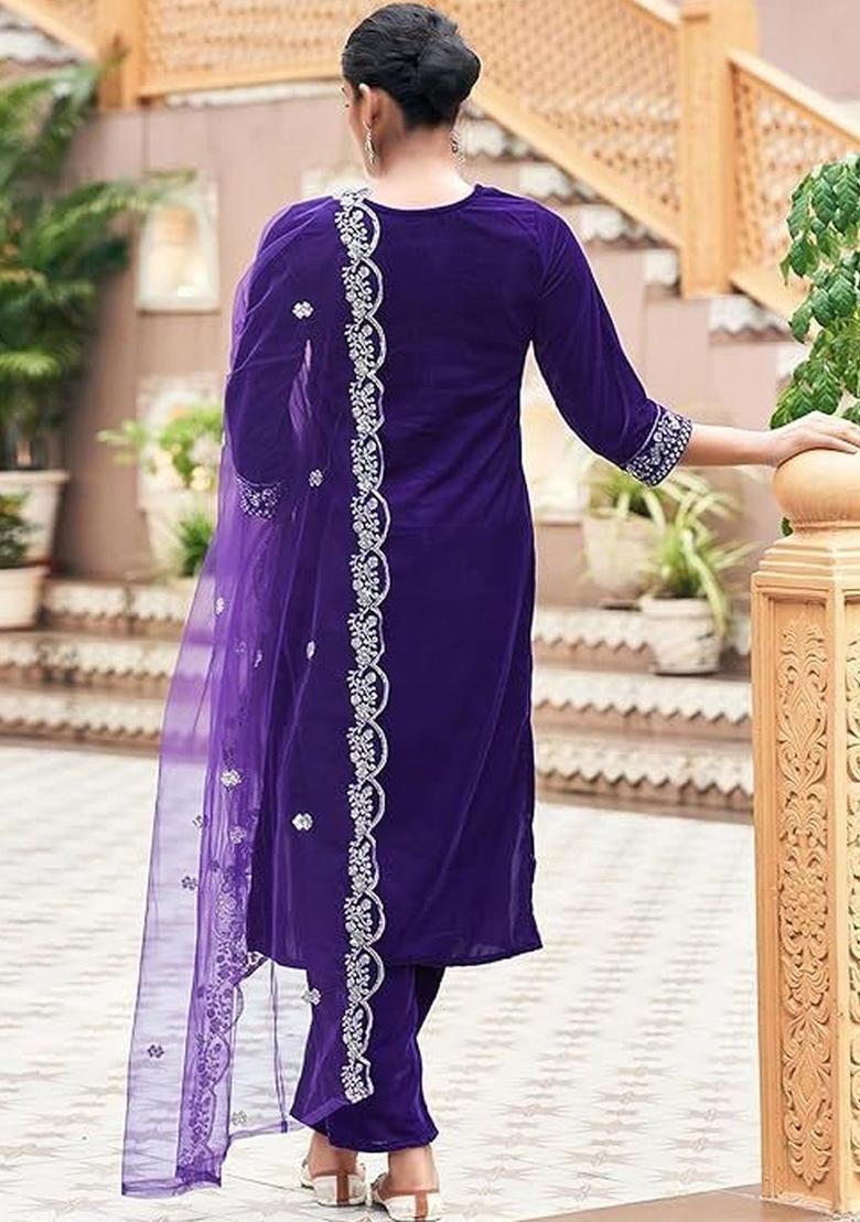 Purple Embroidered Velvet Kurta Set - Indya