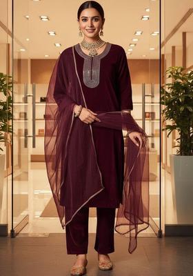 Maroon Embroidered Velvet Kurta Set