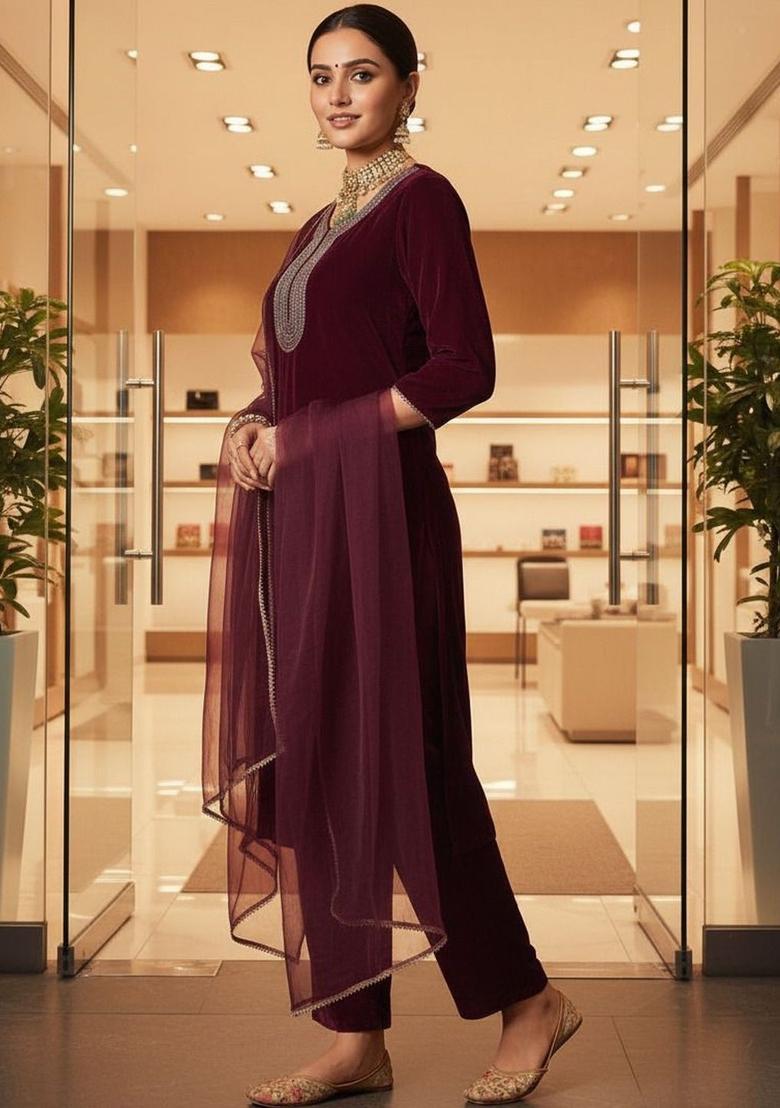 Maroon Embroidered Velvet Kurta Set - Indya