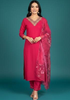 Pink Solid Viscose Kurta Set