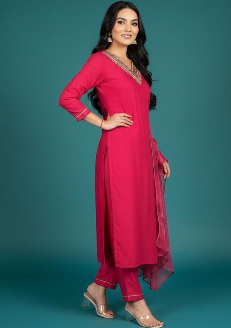 Pink Solid Viscose Kurta Set - Indya